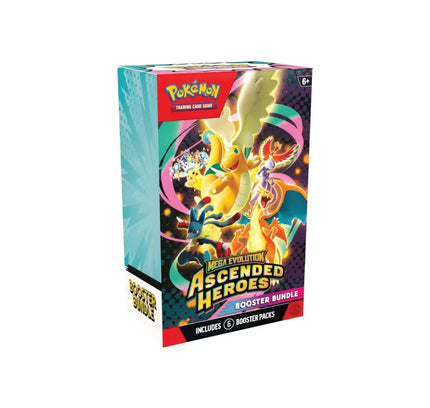 Pokémon mega evolution ascended heroes booster bundle box with vibrant artwork of legendary and mega evolved Pokémon cards