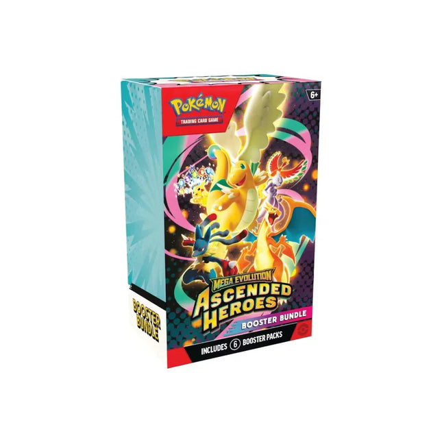 Pokémon mega evolution ascended heroes booster bundle box with vibrant artwork of legendary and mega evolved Pokémon cards