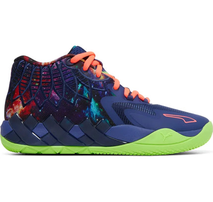 Athletic Puma LaMelo Ball MB.01 Galaxy shoe with navy upper and neon green sole