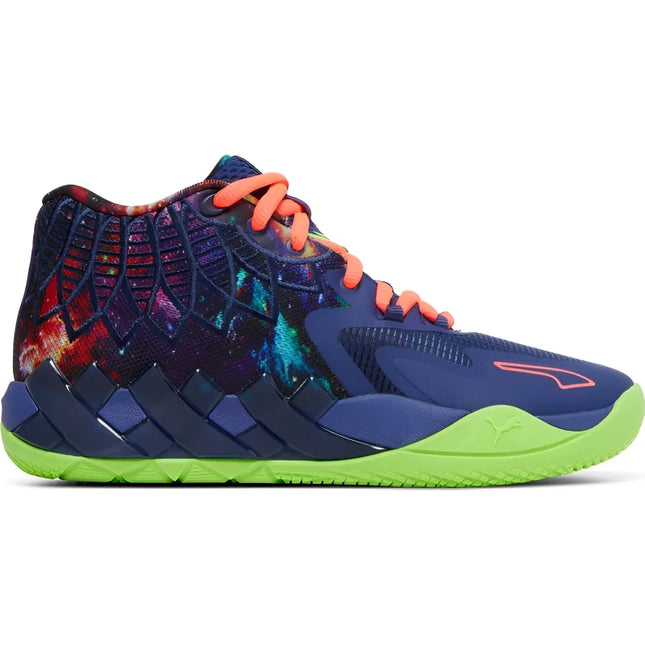 Athletic Puma LaMelo Ball MB.01 Galaxy shoe with navy upper and neon green sole