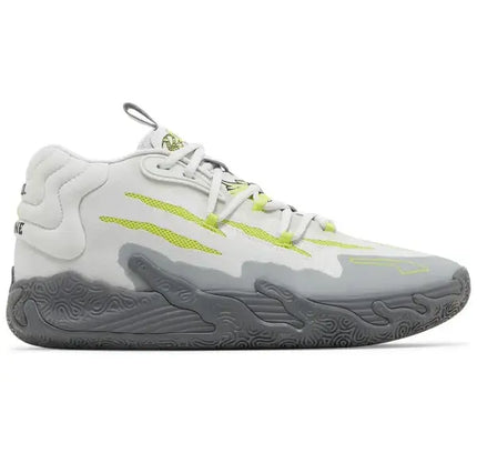 Athletic sneaker with white upper and neon accents in Puma LaMelo Ball MB.03 Chino Hills