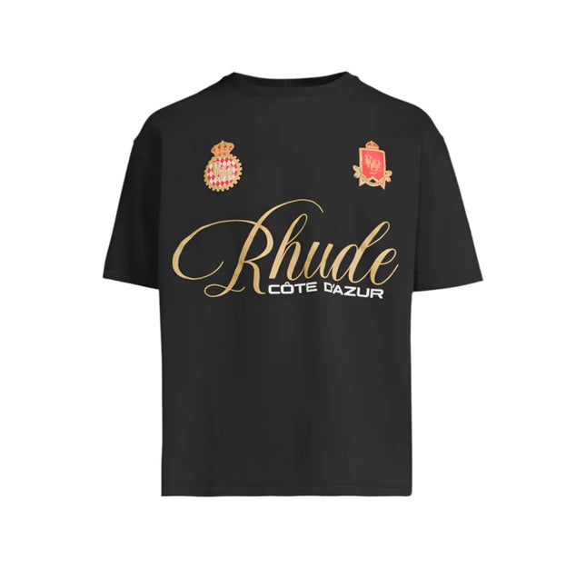 Vintage Black Rhode Script Crest Tee with gold branding and emblems, perfect for low dunks nike