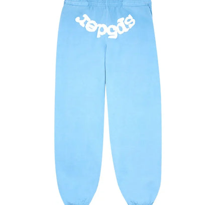 Light blue sky blue Sp5der Worldwide Sweatpant with white lettering featuring Nike Dunk style