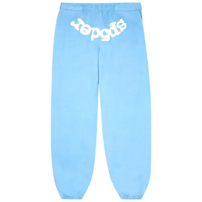 Light blue sky blue Sp5der Worldwide Sweatpant with white lettering featuring Nike Dunk style
