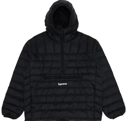 Black hooded puffer jacket from Supreme Micro Down Half Zip Hooded Pullover FW24 featuring Nike Dunk style