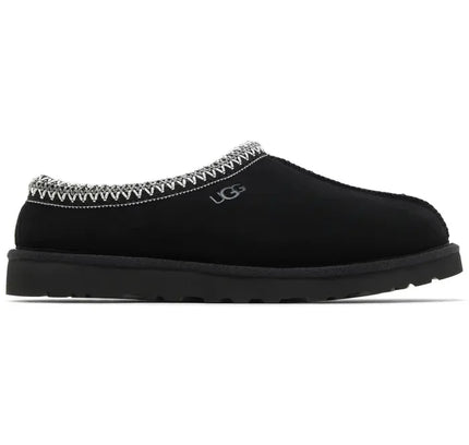 Black UGG Tasman Slipper model featuring soft black suede and white stitched collar trim