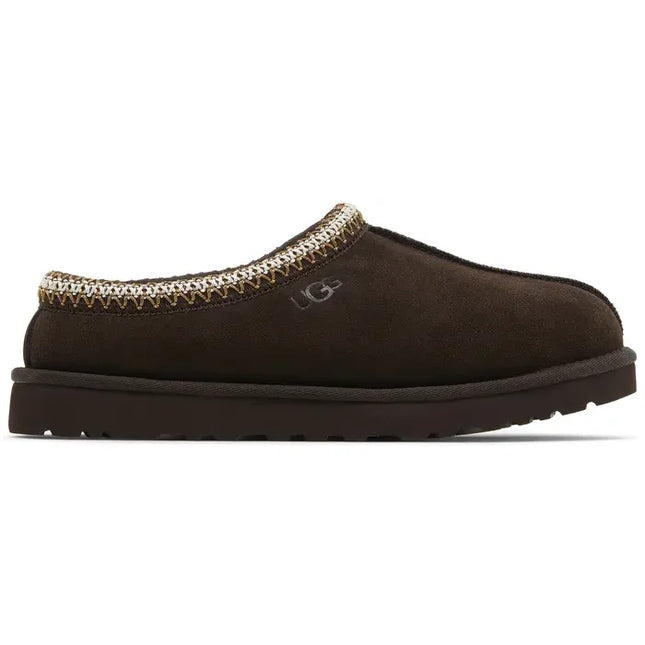 Brown suede Tasman Slipper Dusted Cocoa with knitted trim around the collar