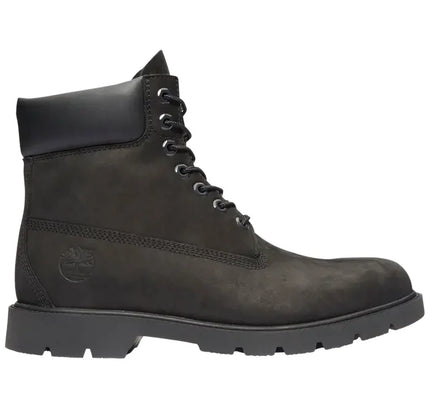 Timberland 6 inch classic waterproof boot black with dark gray leather upper, black laces, and rugged rubber sole