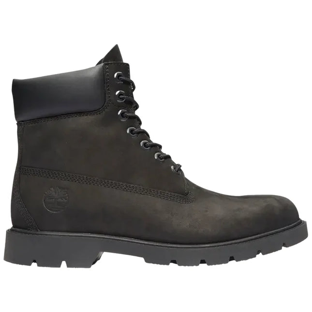 Timberland 6 inch classic waterproof boot black with dark gray leather upper, black laces, and rugged rubber sole