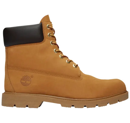 Tan timberland 6 inch classic waterproof boot wheat mesh lining with black rubber collar and gold-toned eyelets