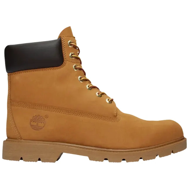 Tan timberland 6 inch classic waterproof boot wheat mesh lining with black rubber collar and gold-toned eyelets