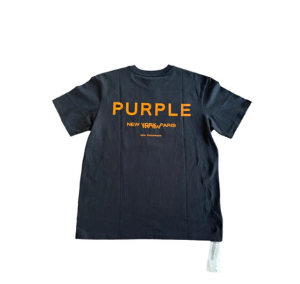 Black Trademark Tee Orange with PURPLE NEW YORK PARIS text, perfect with Nike Dunk or Jordan 4