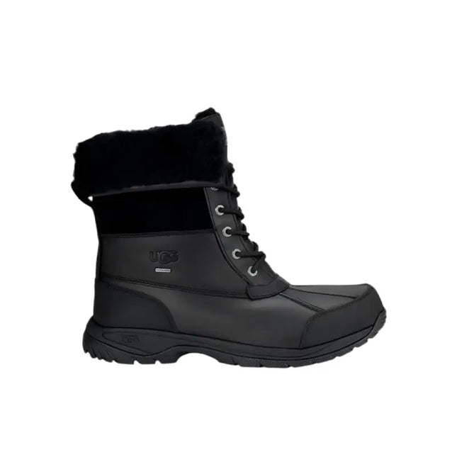 Black UGG Butte Boot with fur trim and waterproof rubber lower section for winter wear