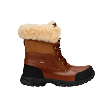 Brown leather UGG Butte Boot with faux fur trim and black rubber sole for winter style