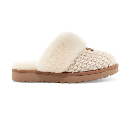 UGG Cozy Slipper Cream with plush fur trim and rubber sole, featuring lush sheepskin lining