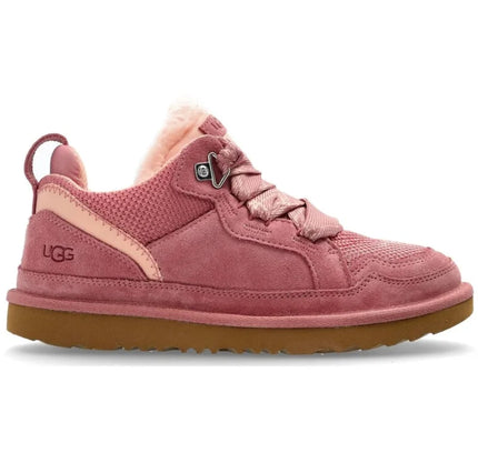 Pink UGG Lowmel Pink Dawn GS shoe with brown sole, suede mesh upper, ribbon laces