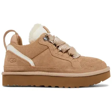 Light brown suede and mesh UGG Lowmel Sand women’s sneaker with thick sole and white ankle trim