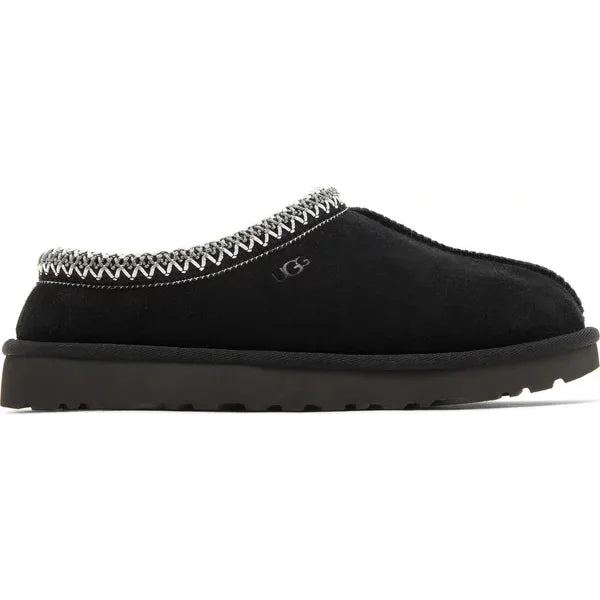 Black suede UGG Tasman Slipper with white stitched trim collar for women