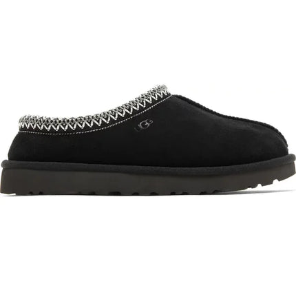 Black suede UGG Tasman Slipper with white stitched trim collar for women