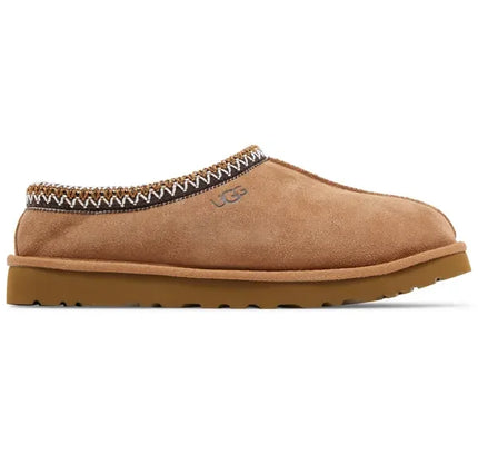 Tan suede UGG Tasman Slipper Chestnut with zigzag stitching and rubber sole