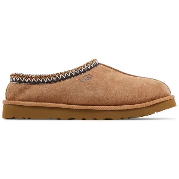 Tan suede UGG Tasman Slipper Chestnut with zigzag stitching and rubber sole