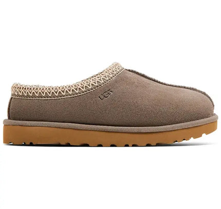 Taupe suede UGG Tasman Slipper in Smoke Plume with knit collar and rubber sole