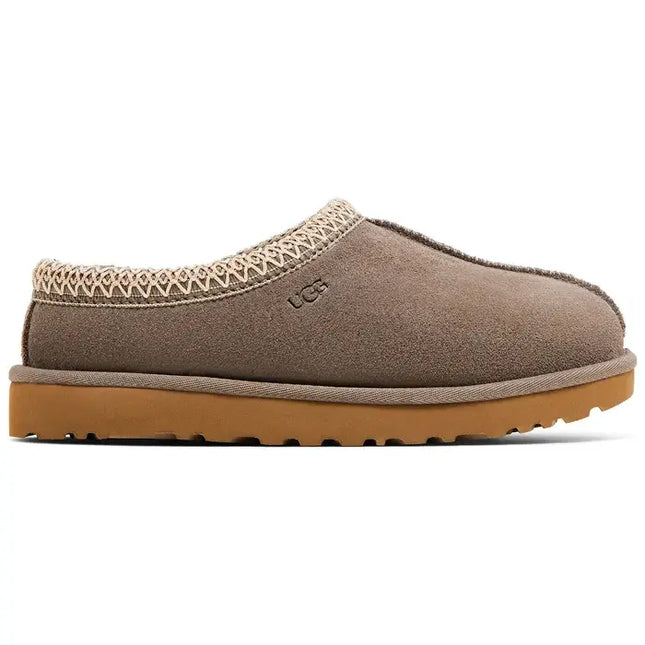 Taupe suede UGG Tasman Slipper in Smoke Plume with knit collar and rubber sole