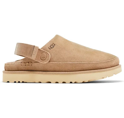 Tan suede Wmns Goldenstar Clog Sand with chunky platform sole features leather working