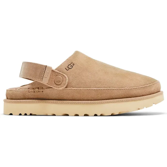 Tan suede Wmns Goldenstar Clog Sand with chunky platform sole features leather working